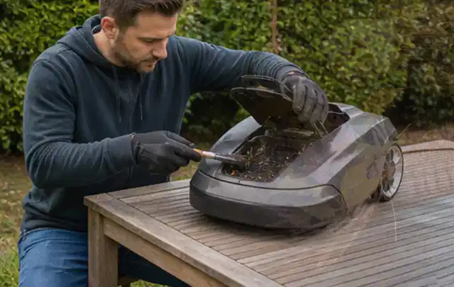 Person wartet einen geöffneten Mähroboter auf einem stabilen Gartentisch; Thema Komposter, Schwerpunkt Ersatzteile; Umsetzung.