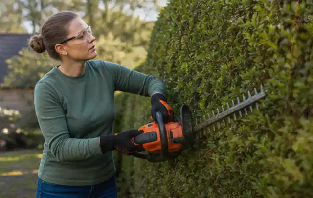 Person schneidet eine dichte Gartenhecke mit Schutzbrille und sicherem Stand; Thema Komposter, Schwerpunkt Ersatzteile; Praxisalltag.