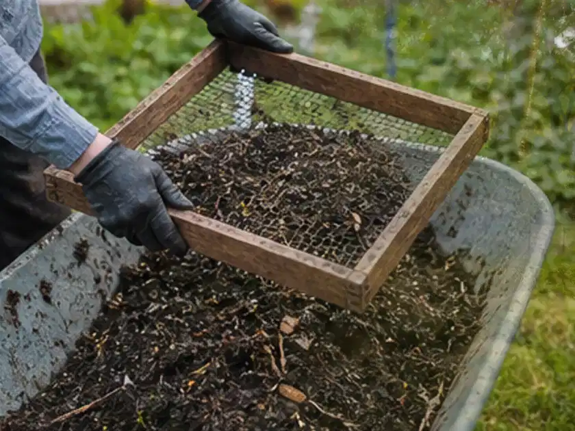 Behandschuhte Hände sieben reifen Kompost über einer Gartenschubkarre; Thema Komposter, Schwerpunkt Gärten mit großer Fläche; Titelbild.