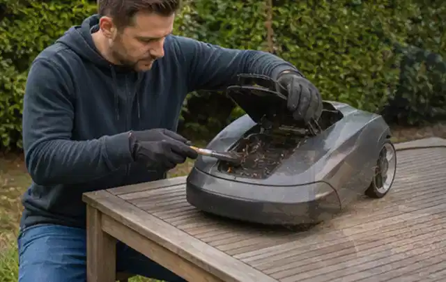 Person wartet einen geöffneten Mähroboter auf einem stabilen Gartentisch; Thema Komposter, Schwerpunkt Gartengeräte; Kontrolle.