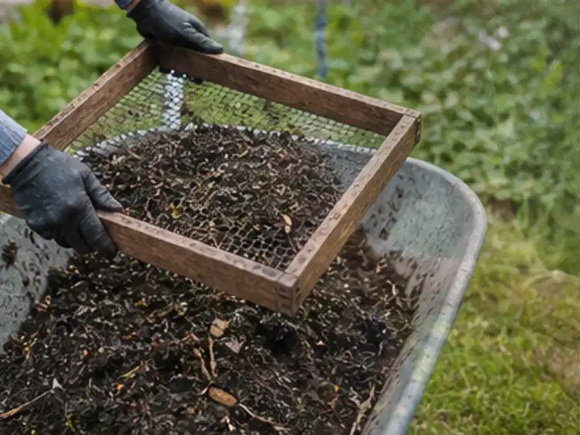 Behandschuhte Hände sieben reifen Kompost über einer Gartenschubkarre; Thema Komposter, Schwerpunkt Leistung; Titelbild.