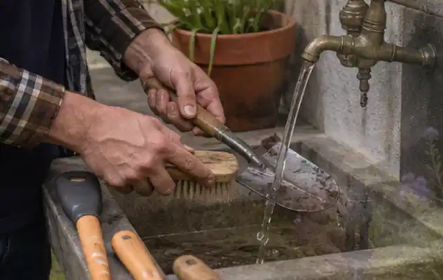 Hände reinigen gebrauchte Gartengeräte mit Bürste und Wasser am Außenbecken; Thema Komposter, Schwerpunkt Leistung; Ausgangslage.