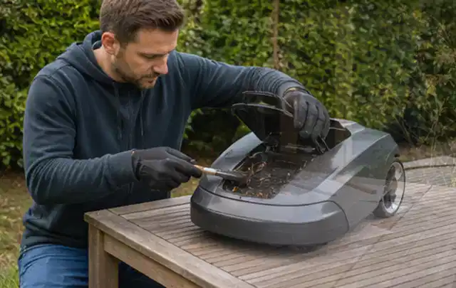 Person wartet einen geöffneten Mähroboter auf einem stabilen Gartentisch; Thema Komposter, Schwerpunkt Nachhaltigkeit; Ausgangslage.