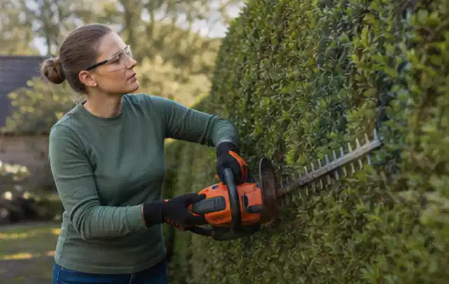 Person schneidet eine dichte Gartenhecke mit Schutzbrille und sicherem Stand; Thema Komposter, Schwerpunkt Nachhaltigkeit; Kontrolle.