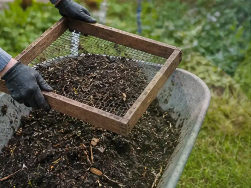 Behandschuhte Hände sieben reifen Kompost über einer Gartenschubkarre; Thema Komposter, Schwerpunkt Reinigung; Titelbild.