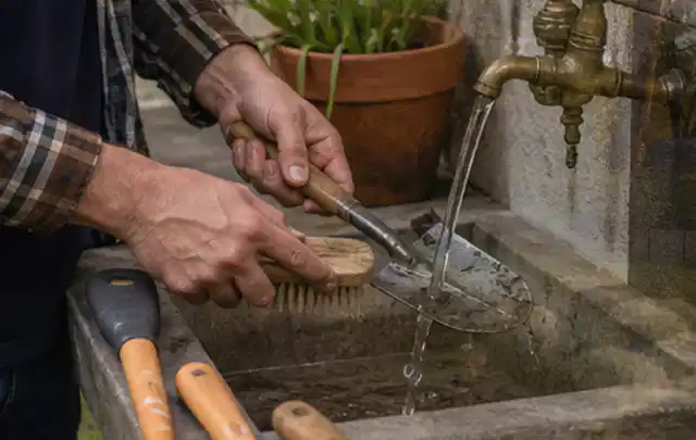 Hände reinigen gebrauchte Gartengeräte mit Bürste und Wasser am Außenbecken; Thema Komposter, Schwerpunkt Sicherheit; Ergebnis.