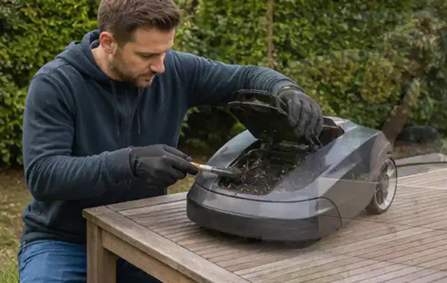 Person wartet einen geöffneten Mähroboter auf einem stabilen Gartentisch; Thema Komposter, Schwerpunkt Sicherheit; Praxisalltag.