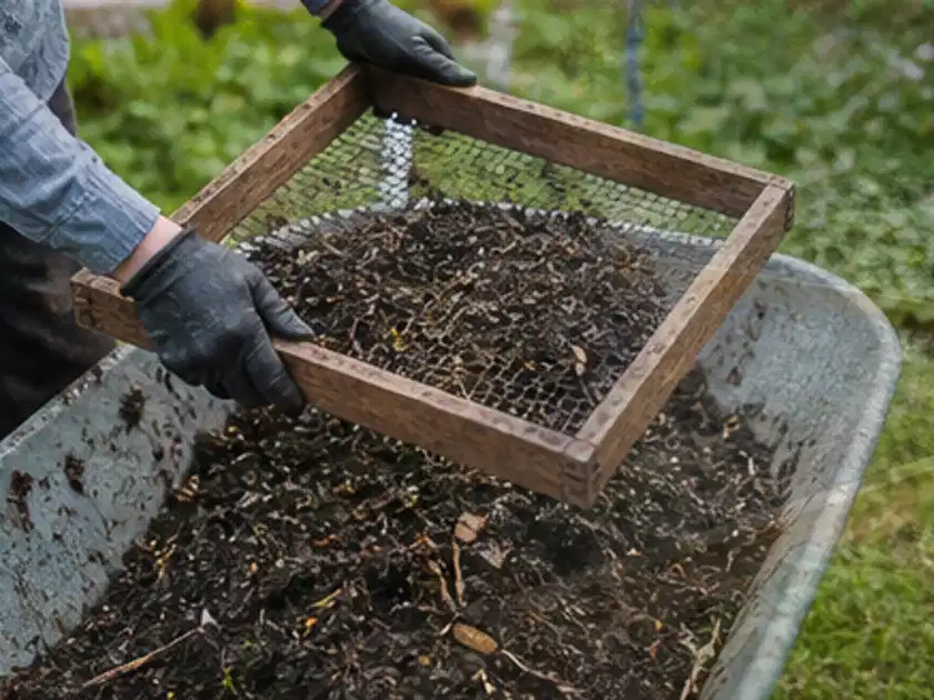 Behandschuhte Hände sieben reifen Kompost über einer Gartenschubkarre; Thema Komposter, Schwerpunkt Systemvergleich; Titelbild.