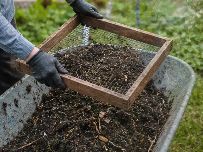Behandschuhte Hände sieben reifen Kompost über einer Gartenschubkarre; Thema Komposter, Schwerpunkt Vergleich; Titelbild.