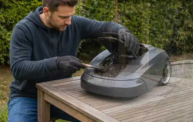 Person wartet einen geöffneten Mähroboter auf einem stabilen Gartentisch; Thema Komposter, Schwerpunkt Wartung; Praxisalltag.