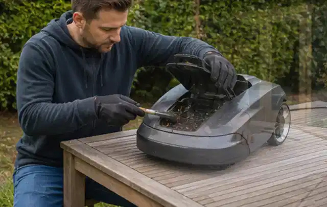 Person wartet einen geöffneten Mähroboter auf einem stabilen Gartentisch; Thema Komposter, Schwerpunkt Winterlager; Ergebnis.