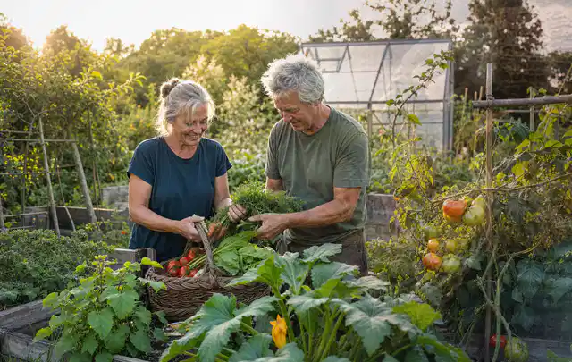 Zwei Personen ernten gemeinsam Gemüse in einem sonnigen Nutzgarten; Thema Koriander, Schwerpunkt Balkongarten; Ergebnis.