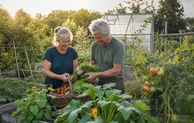 Zwei Personen ernten gemeinsam Gemüse in einem sonnigen Nutzgarten; Thema Koriander, Schwerpunkt Ernteprobleme; Ergebnis.