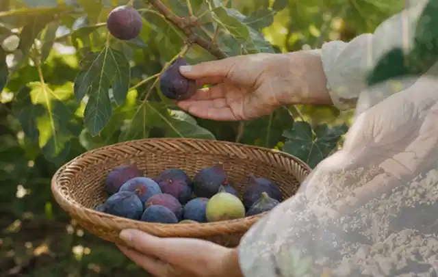 Hand pflückt eine reife Feige über einem flachen Korb mit Früchten; Thema Koriander, Schwerpunkt Fehlerhilfe; Ergebnis.