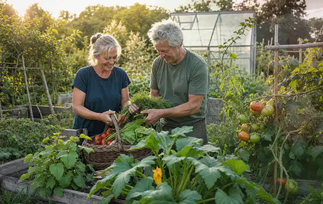 Zwei Personen ernten gemeinsam Gemüse in einem sonnigen Nutzgarten; Thema Koriander, Schwerpunkt Fehlerhilfe; Praxisalltag.
