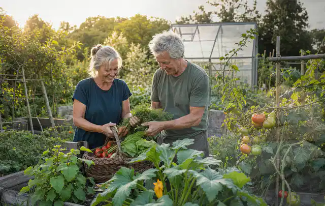 Zwei Personen ernten gemeinsam Gemüse in einem sonnigen Nutzgarten; Thema Koriander, Schwerpunkt Gesundheit; Umsetzung.