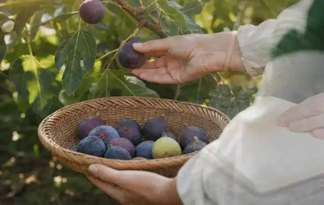 Hand pflückt eine reife Feige über einem flachen Korb mit Früchten; Thema Koriander, Schwerpunkt Pflanzenschutz; Ergebnis.
