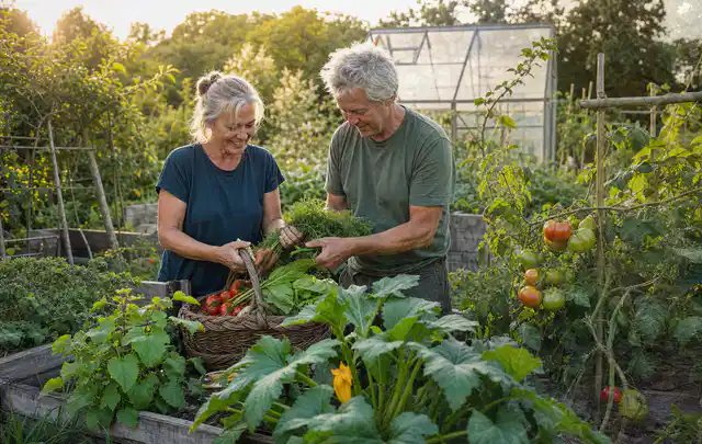 Zwei Personen ernten gemeinsam Gemüse in einem sonnigen Nutzgarten; Thema Kräuter im Hochbeet, Schwerpunkt Aussaat; Ergebnis.