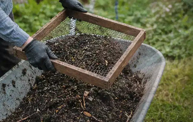 Behandschuhte Hände sieben reifen Kompost über einer Gartenschubkarre; Thema Kräuter im Hochbeet, Schwerpunkt Einsteigerwissen; Praxisalltag.