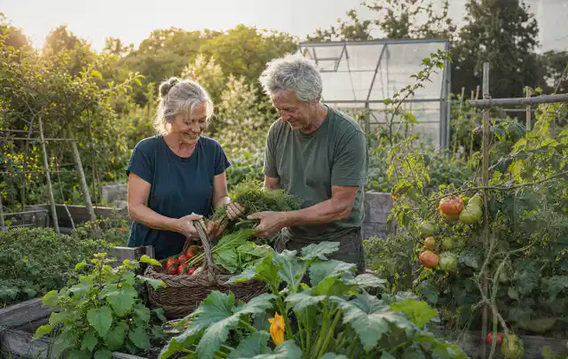 Zwei Personen ernten gemeinsam Gemüse in einem sonnigen Nutzgarten; Thema Kräuter im Hochbeet, Schwerpunkt Ernte; Kontrolle.