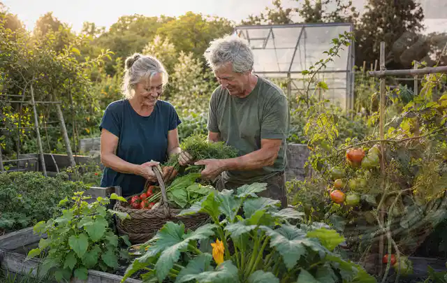 Zwei Personen ernten gemeinsam Gemüse in einem sonnigen Nutzgarten; Thema Kräuter im Hochbeet, Schwerpunkt Gesundheit; Kontrolle.