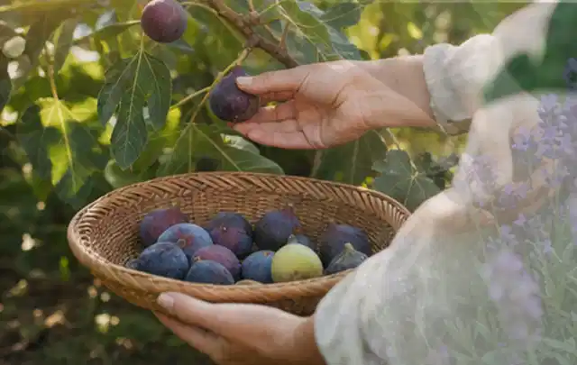 Hand pflückt eine reife Feige über einem flachen Korb mit Früchten; Thema Kräuter im Hochbeet, Schwerpunkt Nährstoffe; Ausgangslage.