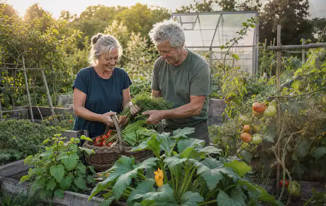 Zwei Personen ernten gemeinsam Gemüse in einem sonnigen Nutzgarten; Thema Kräuter im Hochbeet, Schwerpunkt Saisonkalender; Umsetzung.