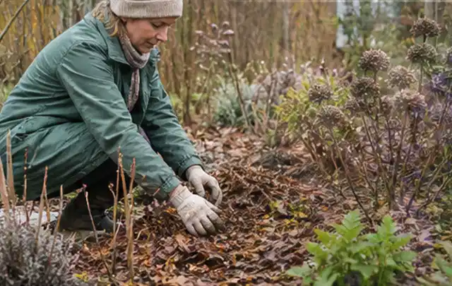 Person verteilt eine schützende Mulchschicht zwischen winterlichen Stauden; Thema Krankheiten, Schwerpunkt Schädlinge Krankheiten; Ergebnis.