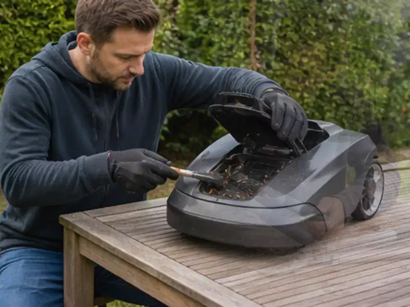 Person wartet einen geöffneten Mähroboter auf einem stabilen Gartentisch; Thema Kress Mission, Schwerpunkt Anwendung; Titelbild.