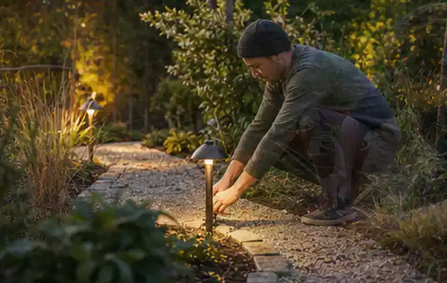 Person richtet eine niedrige warm leuchtende Gartenlampe am Kiesweg aus; Thema Kress Mission, Schwerpunkt Anwendung; Umsetzung.