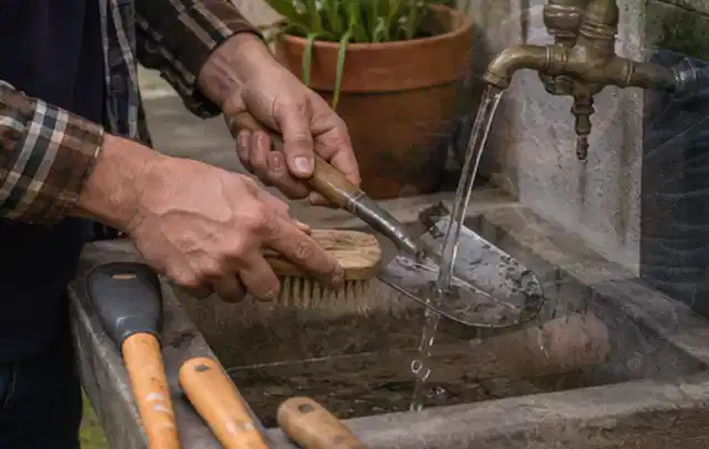 Hände reinigen gebrauchte Gartengeräte mit Bürste und Wasser am Außenbecken; Thema Kress Mission, Schwerpunkt Dimensionierung; Ergebnis.