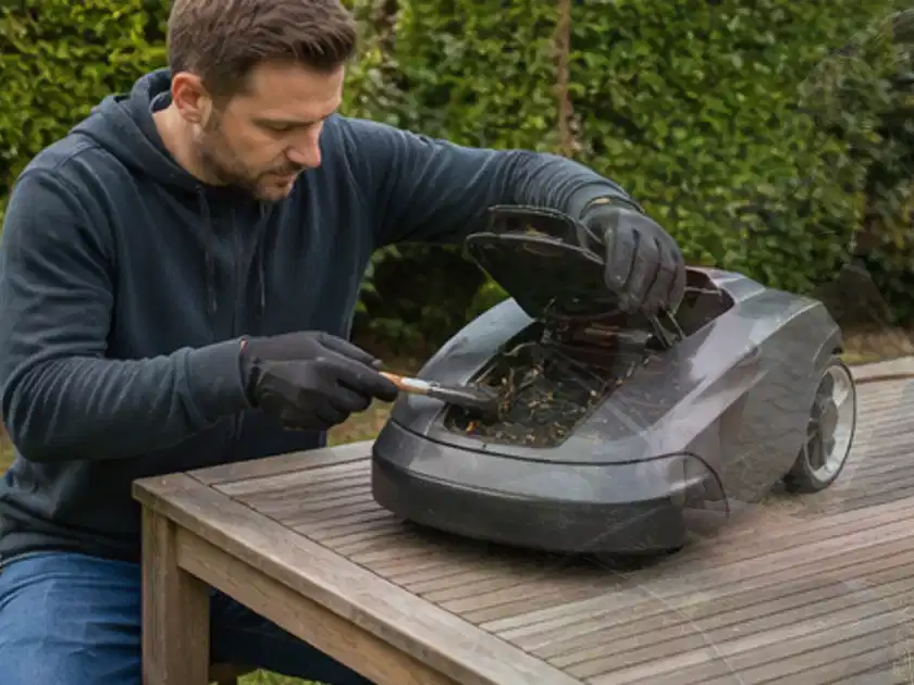 Person wartet einen geöffneten Mähroboter auf einem stabilen Gartentisch; Thema Kress Mission, Schwerpunkt Ersatzteile; Titelbild.