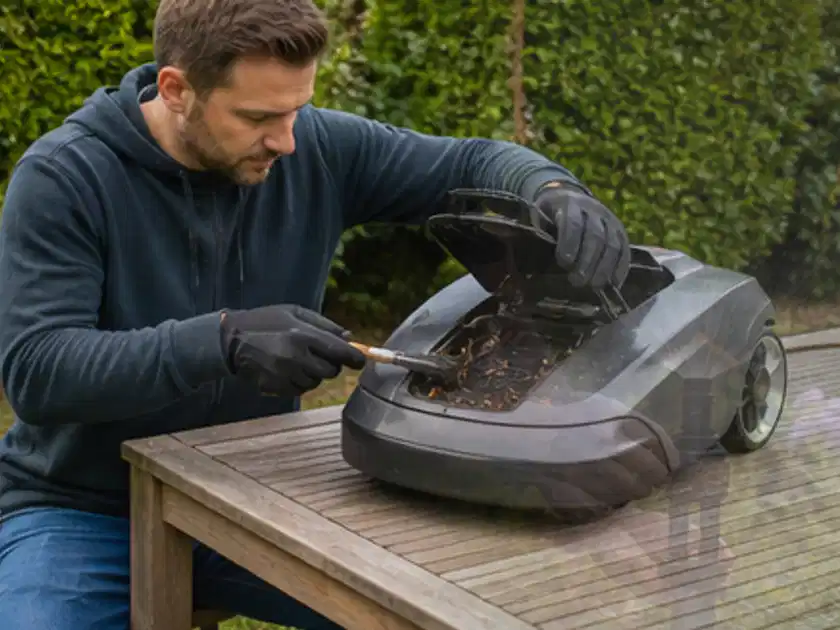 Person wartet einen geöffneten Mähroboter auf einem stabilen Gartentisch; Thema Kress Mission, Schwerpunkt Gärten mit kleiner Fläche; Titelbild.