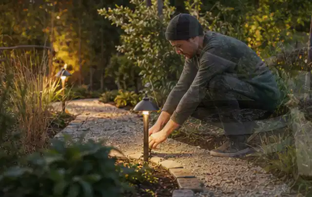 Person richtet eine niedrige warm leuchtende Gartenlampe am Kiesweg aus; Thema Kress Mission, Schwerpunkt Kosten; Kontrolle.