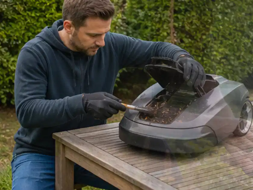 Person wartet einen geöffneten Mähroboter auf einem stabilen Gartentisch; Thema Kress Mission, Schwerpunkt Leistung; Titelbild.
