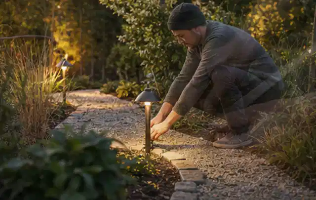 Person richtet eine niedrige warm leuchtende Gartenlampe am Kiesweg aus; Thema Kress Mission, Schwerpunkt Reparatur; Umsetzung.