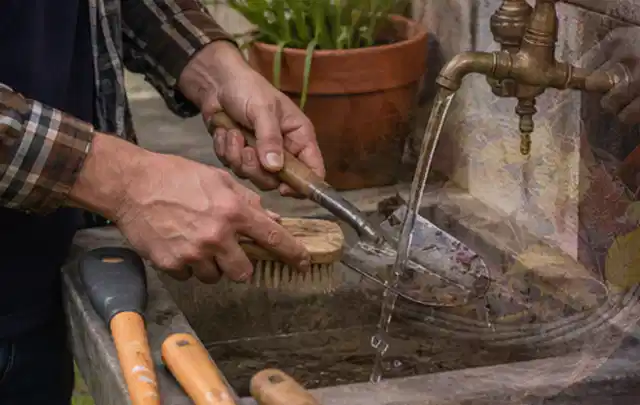 Hände reinigen gebrauchte Gartengeräte mit Bürste und Wasser am Außenbecken; Thema Kress Mission, Schwerpunkt Reparatur; Ergebnis.