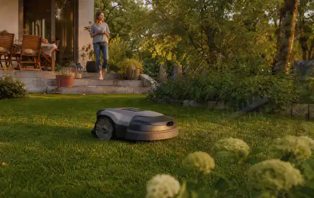 Mähroboter fährt am Abend über einen Rasen im Familiengarten; Thema Kress Mission, Schwerpunkt Reparatur; Praxisalltag.
