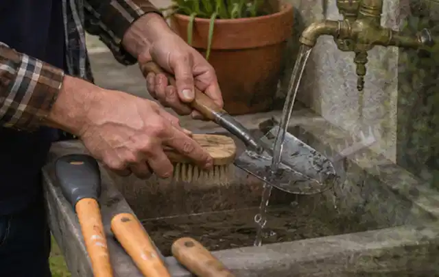 Hände reinigen gebrauchte Gartengeräte mit Bürste und Wasser am Außenbecken; Thema Kress Mission, Schwerpunkt Testkriterien; Praxisalltag.