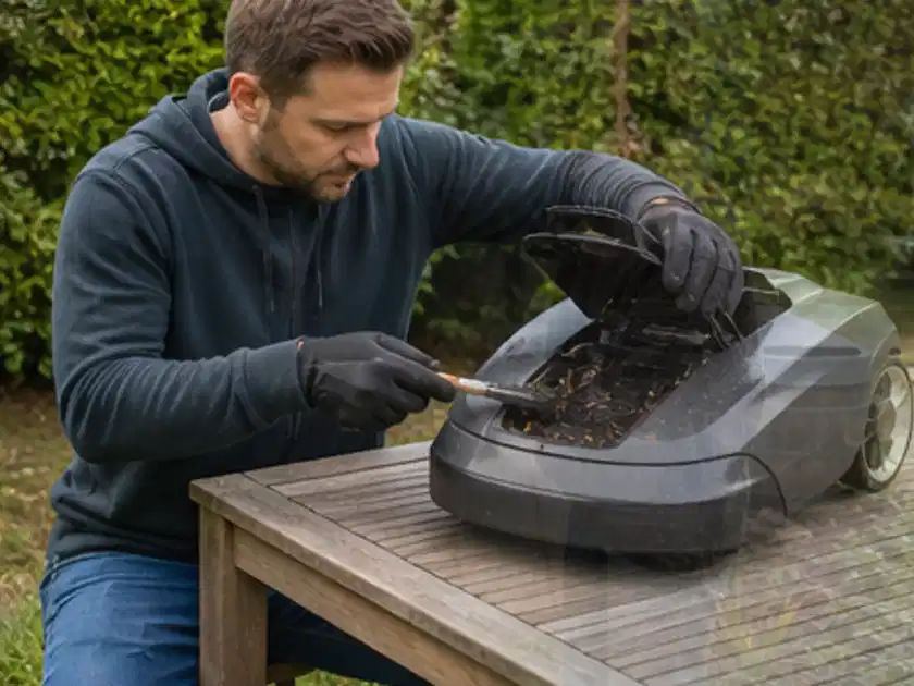 Person wartet einen geöffneten Mähroboter auf einem stabilen Gartentisch; Thema Kress Mission, Schwerpunkt Wartung; Titelbild.
