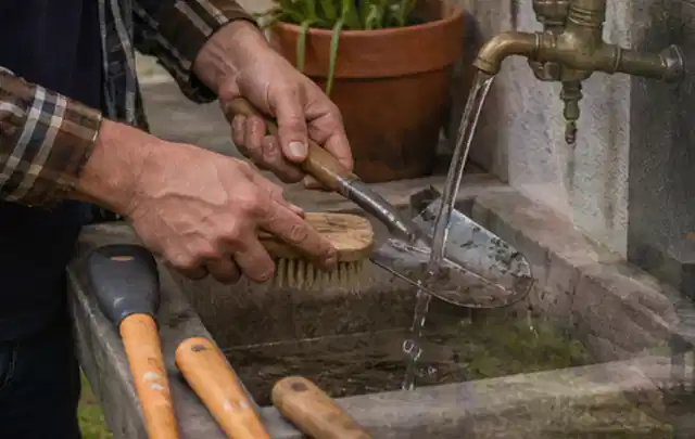 Hände reinigen gebrauchte Gartengeräte mit Bürste und Wasser am Außenbecken; Thema Kress Mission, Schwerpunkt Wartung; Kontrolle.