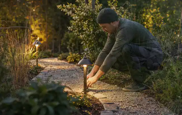 Person richtet eine niedrige warm leuchtende Gartenlampe am Kiesweg aus; Thema Kress Mission, Schwerpunkt Wartung; Ergebnis.