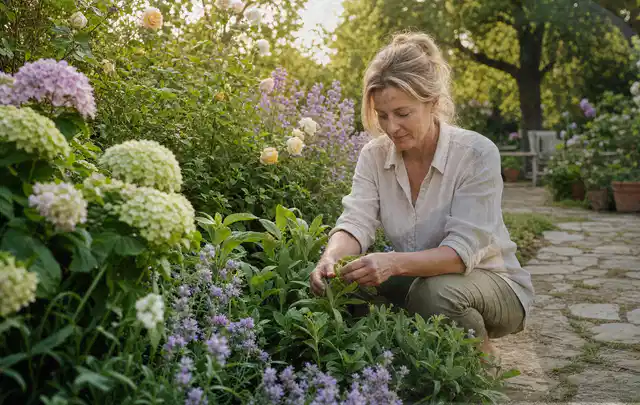 Person pflegt üppige Pflanzen in einem natürlich beleuchteten Garten; Thema Kübelpflanzen, Schwerpunkt Bewässerung; Ausgangslage.
