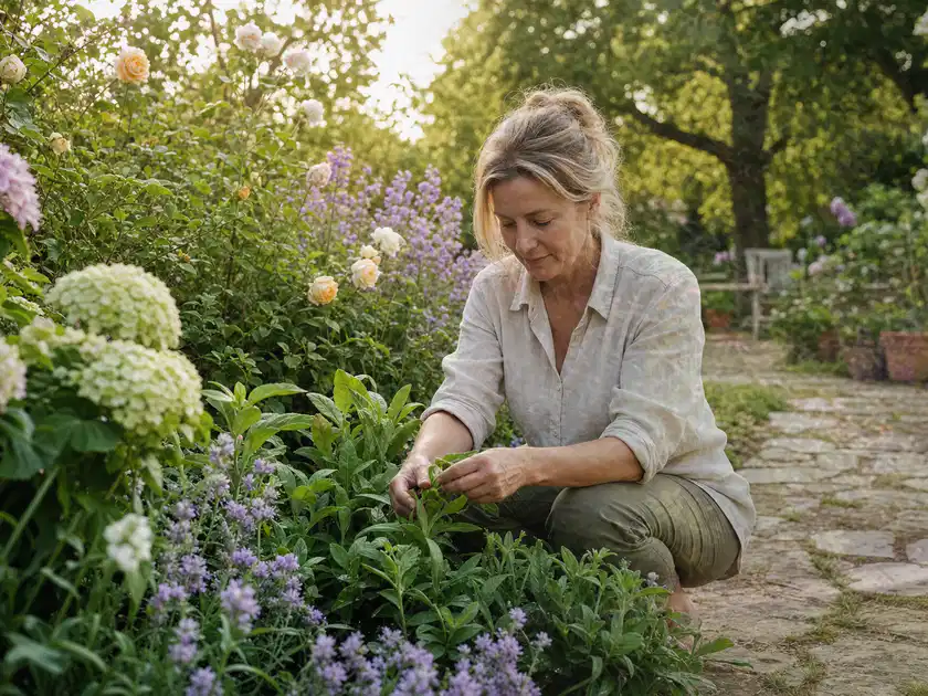 Person pflegt üppige Pflanzen in einem natürlich beleuchteten Garten; Thema Kübelpflanzen, Schwerpunkt Fehlerhilfe; Titelbild.