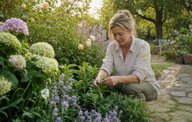 Person pflegt üppige Pflanzen in einem natürlich beleuchteten Garten; Thema Kübelpflanzen, Schwerpunkt Jahrespflege; Ausgangslage.
