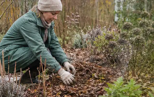 Person verteilt eine schützende Mulchschicht zwischen winterlichen Stauden; Thema Kübelpflanzen, Schwerpunkt Jahrespflege; Umsetzung.