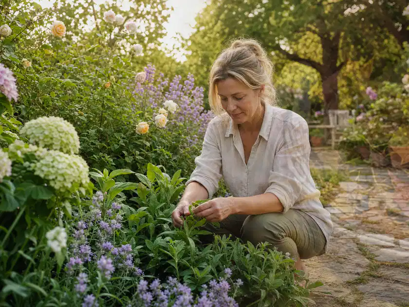 Person pflegt üppige Pflanzen in einem natürlich beleuchteten Garten; Thema Kübelpflanzen, Schwerpunkt Kaufberatung; Titelbild.