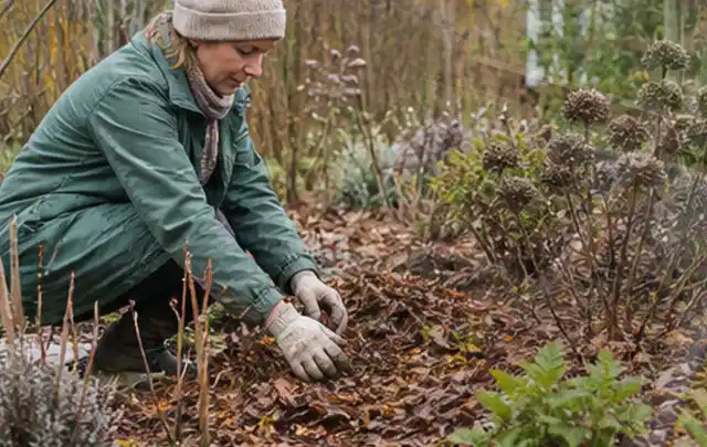 Person verteilt eine schützende Mulchschicht zwischen winterlichen Stauden; Thema Kübelpflanzen, Schwerpunkt Pflanzen; Ausgangslage.