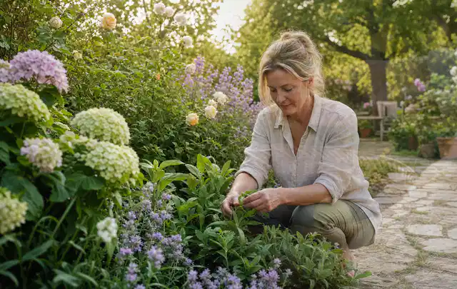 Person pflegt üppige Pflanzen in einem natürlich beleuchteten Garten; Thema Kübelpflanzen, Schwerpunkt Pflanzen; Ergebnis.