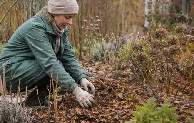 Person verteilt eine schützende Mulchschicht zwischen winterlichen Stauden; Thema Kübelpflanzen, Schwerpunkt Problemlösung; Kontrolle.